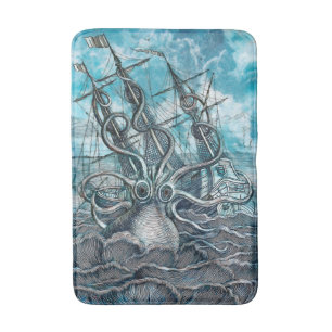 Tapete De Banheiro Navio gigante Octopus Blue Sea Monster