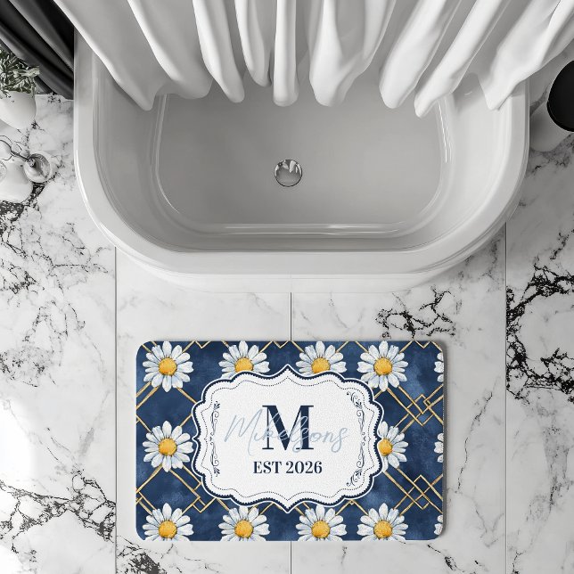 Tapete De Banheiro Navy Daisy Gingham Monogram Decor (Criador carregado)