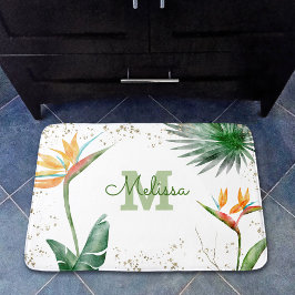 Tapete De Banheiro Nome do Monograma de Folhagem Floral Tropical Dour