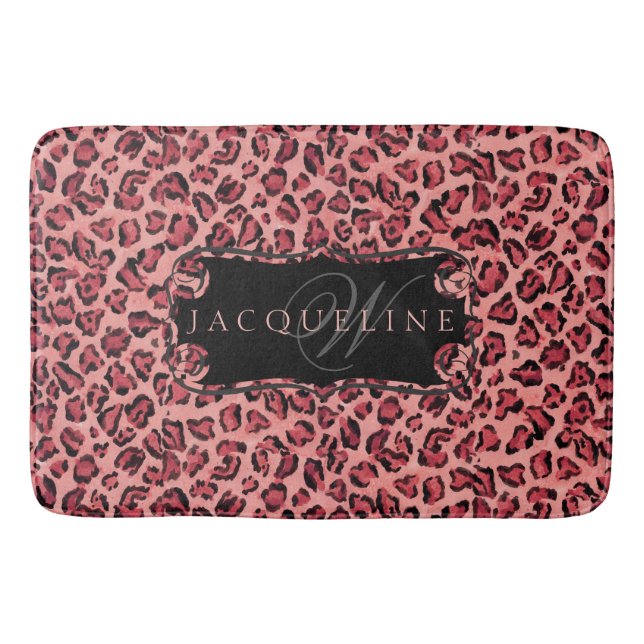 Tapete De Banheiro Nome Monograma Bath Decor Leopard Imprimir Rosa (Frente)