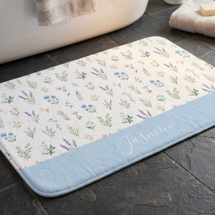 Tapete De Banheiro Nome Monograma Flor Silvestre Boho Azul Lavanda