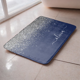 Tapete De Banheiro Nome Monograma Glitter Feminino Azul Marinho Prata