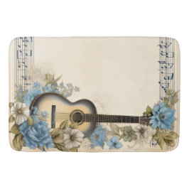 Tapete De Banheiro Notas Musicais de Guitarra Azul Flores