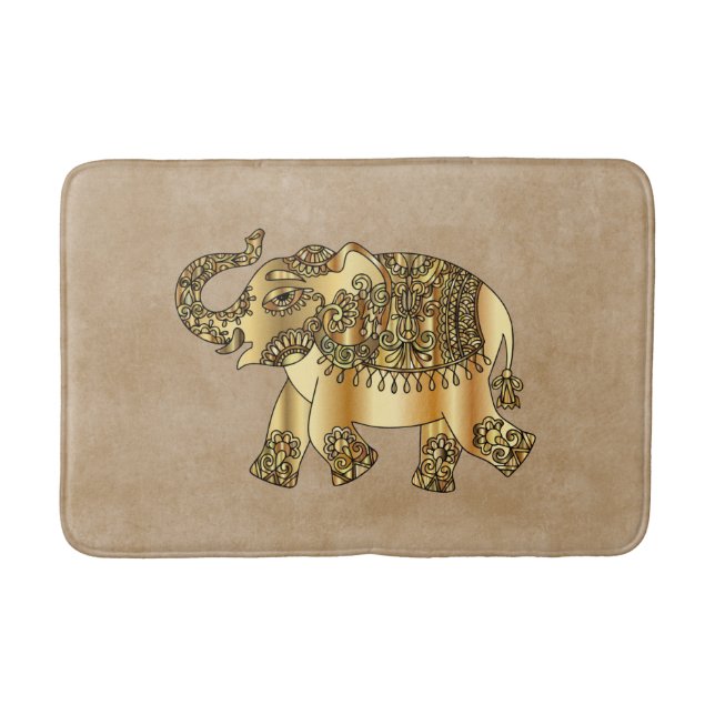 Tapete De Banheiro Ornamentado Faux Dourado Elefante e Brown Bath Mat (Frente)