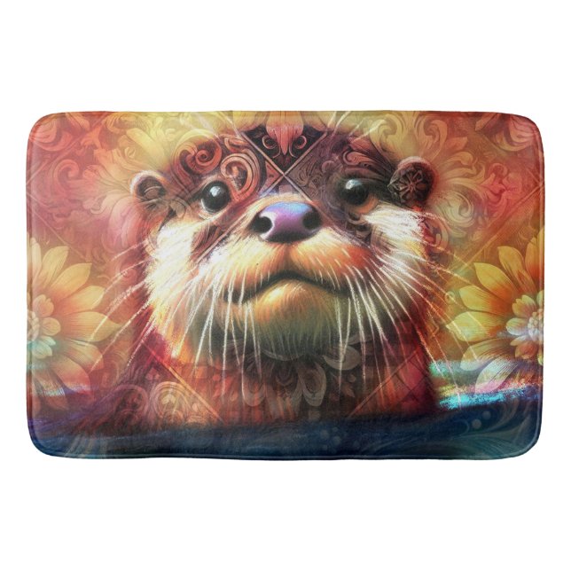 Tapete De Banheiro Otter Abstrato Floral Teal Laranja Vermelho Laranj (Frente)