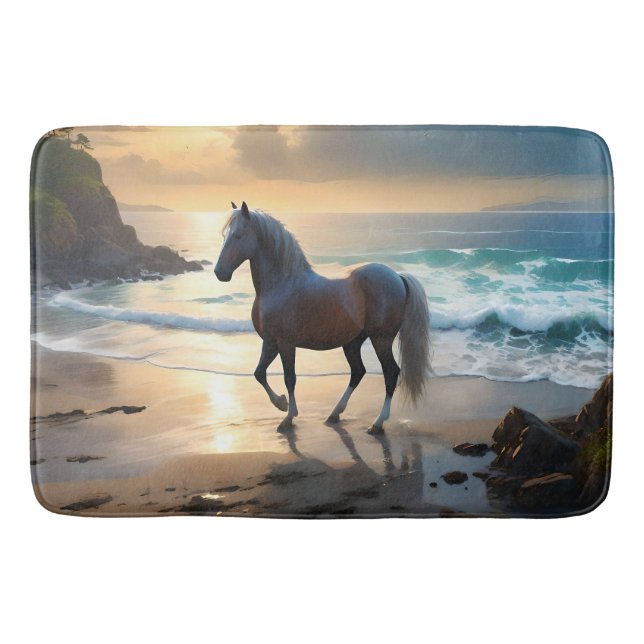 Tapete De Banheiro Ouro Grace: Um Cavalo de Palomino na praia Sunset (Frente)