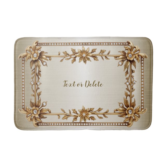 Tapete De Banheiro Ouro Retângulo com Flores de Dimond Brilhantes (Frente)