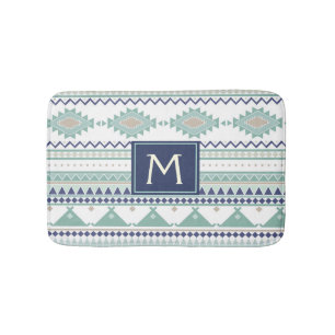 Tapete De Banheiro Padrão Americano Nativo do Monograma Azul Sage & M