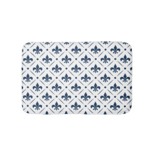 Tapete De Banheiro Padrão azul escuro Fleur De Lis sobre fundo branco