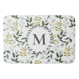 Tapete De Banheiro Padrão de Aquarela de Folhas Verdes Monogramadas