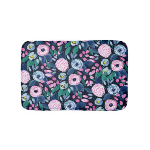 Tapete De Banheiro Padrão de Aquarela do Buquê Floral Azul, Marinho R