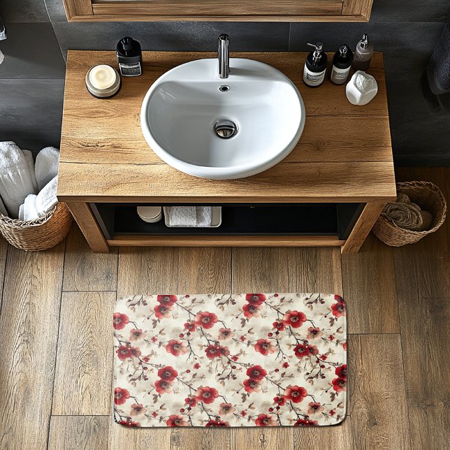 Tapete De Banheiro Padrão de Buds de Flor Rosa Vermelho Borgonha (Criador carregado)