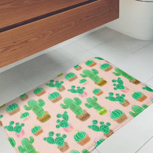 Tapete De Banheiro Padrão De Cactus Potente Desenhado À Mão (Cactus Pattern Bath Mat)