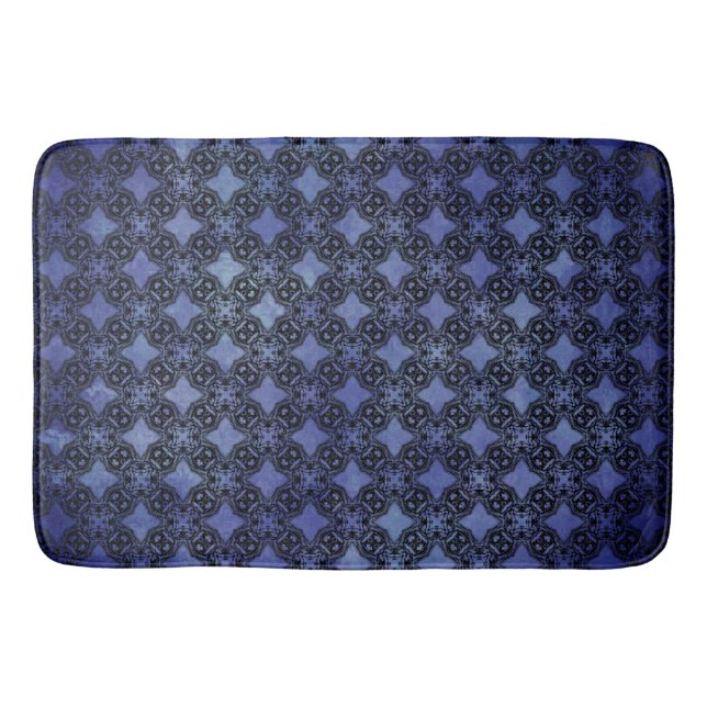 Tapete De Banheiro Padrão de Cadeias de Diamante Preto e Azul (Frente)