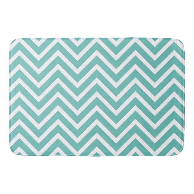 Tapete De Banheiro Padrão De Chevron Decorativo Leve Teal E Branco (Frente)