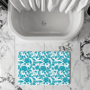 Tapete De Banheiro Padrão de Damasco Floral Turquesa e Branco