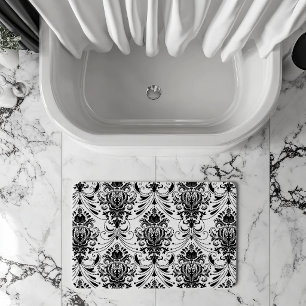 Tapete De Banheiro Padrão de damasco ornamental vintage branco e pret