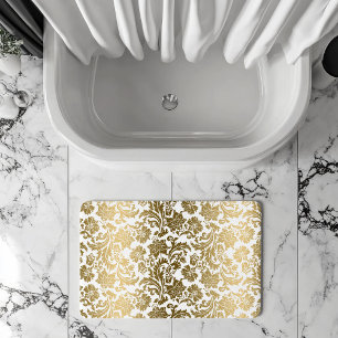 Tapete De Banheiro Padrão de Damascos Florais Branco e Dourado