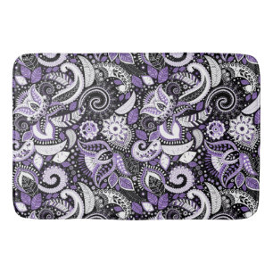 Tapete De Banheiro Padrão de Estampa Paisley Roxo Branco e Preto