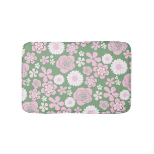 Tapete De Banheiro Padrão de Flor Y2K 70s - Cor-de-rosa Verde