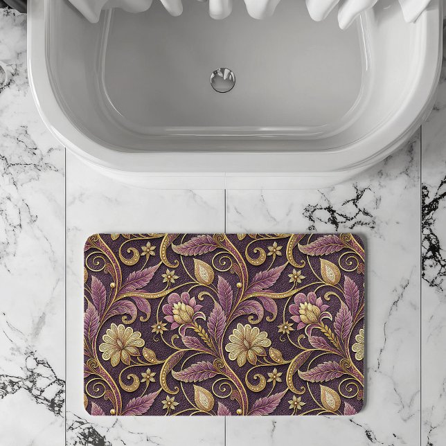 Tapete De Banheiro Padrão de Flores Relevo Roxo e Dourado (Criador carregado)