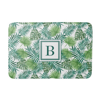 Tapete De Banheiro Padrão de Folhas de Palmeira com Monograma Elegant