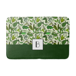 Tapete De Banheiro Padrão de Folhas Verdes Monograma Elegante