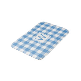 Tapete De Banheiro Padrão de Gingham Branco e Azul Claro com Monogram