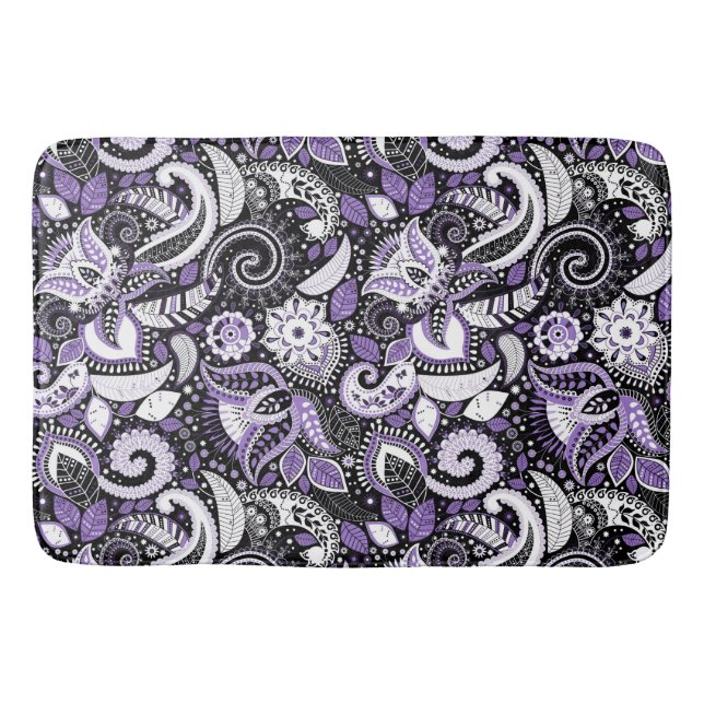 Tapete De Banheiro Padrão de Impressão de Paisley Preto e Branco Roxo (Frente)