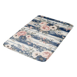 Tapete De Banheiro Padrão de Listra Floral Azul Marinho em Aquarela