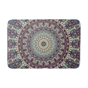 Tapete De Banheiro Padrão de Mandala Roxo Turquesa e Creme