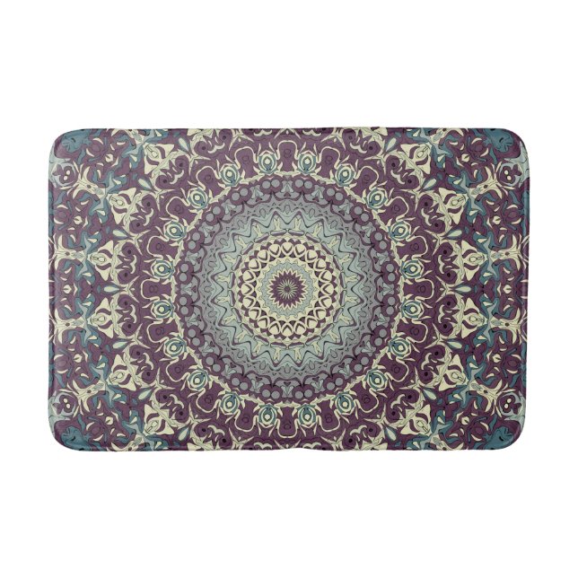 Tapete De Banheiro Padrão de Mandala Roxo Turquesa e Creme (Frente)