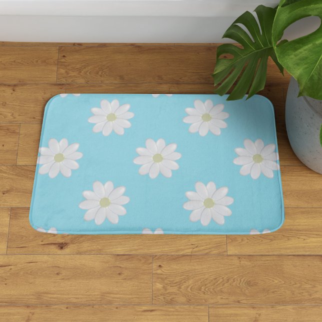 Tapete De Banheiro Padrão de margarida branca moderna Aqua Blue Bath  (A pretty daisy pattern aqua blue bath mat)