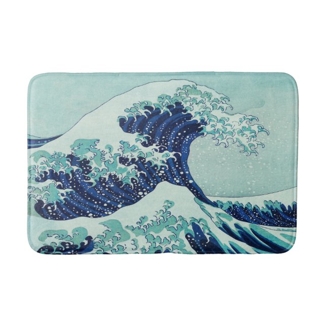 Tapete De Banheiro Padrão de Ondas Azuis Hokusai (Frente)