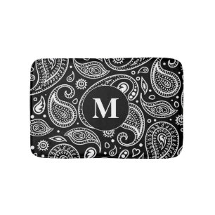 Tapete De Banheiro Padrão de Paisley Floral Branco e Preto Monograma