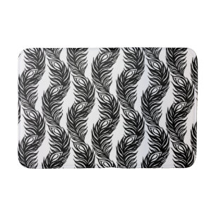 Tapete De Banheiro Padrão de penas de peacock abstrato preto-e-branc