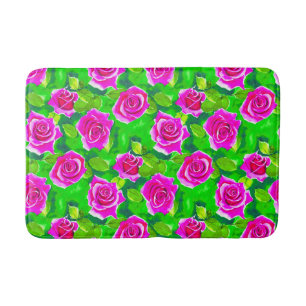 Tapete De Banheiro Padrão de Rosa de Aquarela Rosa Fuchsia