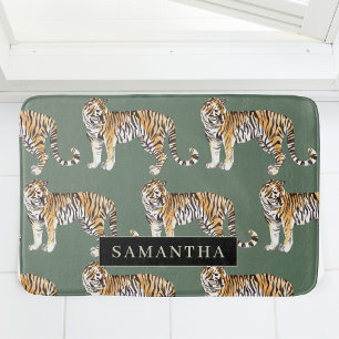 Tapete De Banheiro Padrão De Tigres De Aquarela Verde Tropical Com No