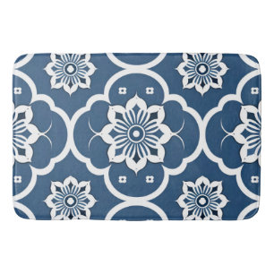 Tapete De Banheiro Padrão do mosaico floral azul e branco