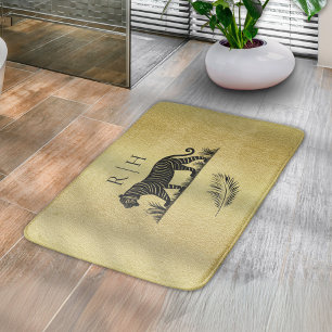 Tapete De Banheiro Padrão Elegante Monograma Preto Dourado