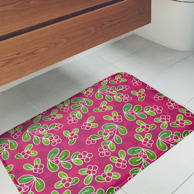 Tapete De Banheiro Padrão Festivo De Folhagem De Morango, Fuchsia (Cranberry Pattern Bath Mat)