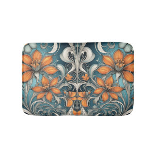 Tapete De Banheiro padrão floral Art Nouveau azul-turquesa laranja