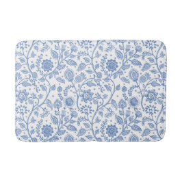 Tapete De Banheiro Padrão Floral Azul e Branco Botânico Caprichoso