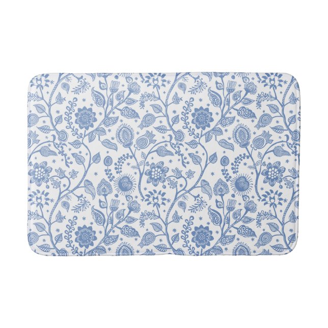 Tapete De Banheiro Padrão Floral Azul e Branco Botânico Caprichoso (Frente)