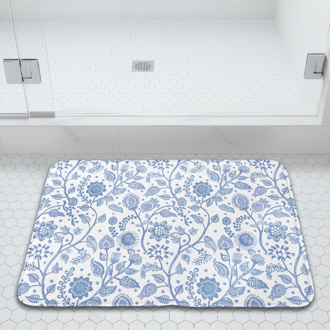 Tapete De Banheiro Padrão Floral Azul e Branco Botânico Caprichoso (Criador carregado)