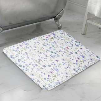 Tapete De Banheiro Padrão Floral de Flor Silvestre Roxa Azul Aquarela
