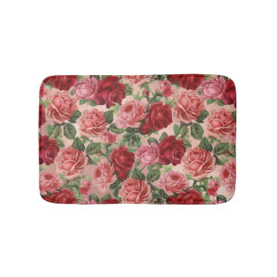 Tapete De Banheiro Padrão Floral de Vintage Vermelho Rosa Rosa Dourad