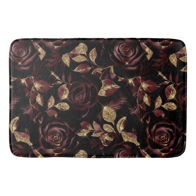 Tapete De Banheiro Padrão Floral Elegante Vermelho e Rosa Dourado (Frente)