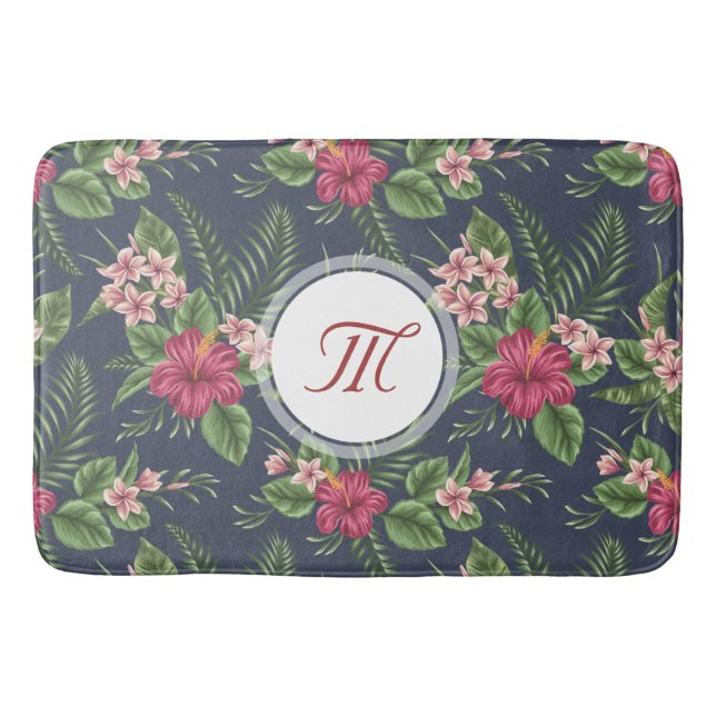 Tapete De Banheiro Padrão Floral Hibiscus Monograma Bath Mat (Frente)