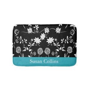 Tapete De Banheiro Padrão Floral Preto e Branco Azul Teal